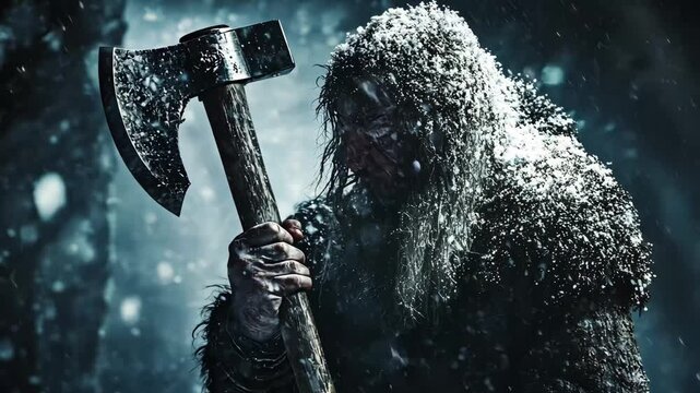 A man with a large axe is standing in the snow. The image has a dark and moody atmosphere, with the man's appearance and the snowy setting creating a sense of danger and isolation