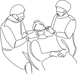 One continuous single drawing line art flat doodle dental, dentist, patient, doctor, clinic, teeth. Isolated image hand draw contour on a white background, hand drawn, not AI