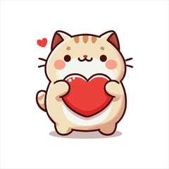 Fototapeta premium cute Cat holding heart. Cute cartoon funny animal character., Childish style. White background. Vector