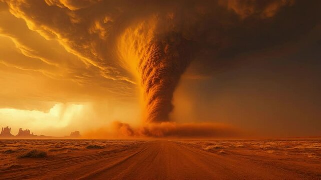 Desert Dust Devil at Sunset: A majestic dust devil swirls across a desert landscape at sunset, creating a dramatic and awe-inspiring spectacle of nature's raw power.