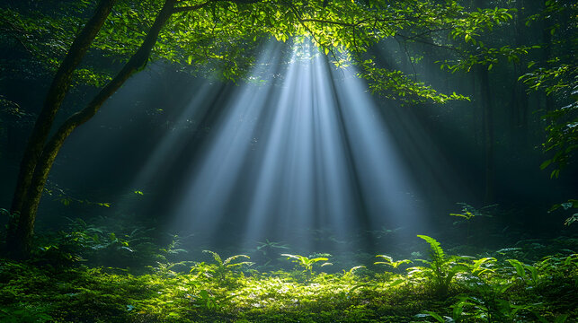 Sun rays pierce through the forest canopy illuminating ferns and lush greenery on the forest floor in a stunning displa