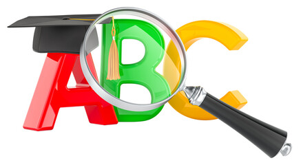 ABC letters with education hat and loupe, 3D rendering isolated on transparent background