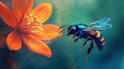 Naklejka premium A metallic blue carpenter bee hovering near a bright flower 