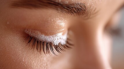Extreme close-up of natural lashes covered in airy lash shampoo foam with closed eyelid, clean skincare composition for lash care and product advertising, Selective Focus, Copy Space..