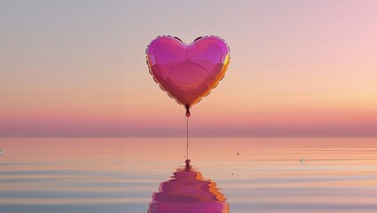 Fototapeta premium Heart Balloon Sunset Reflection Soars High
