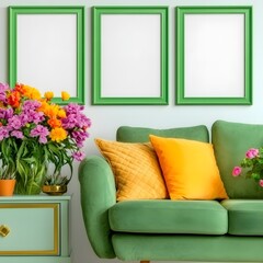 Vibrant Green Couch with Colorful Flowers and Empty Picture Frames in Modern Living Room Decor