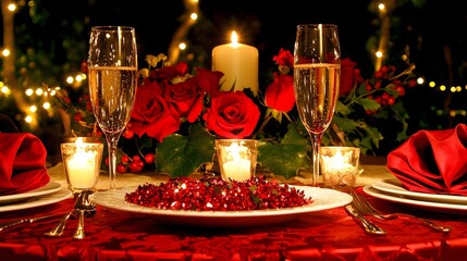 Elegant Dinner Table Set for Romantic Celebration with Red Roses and Flickering Candles