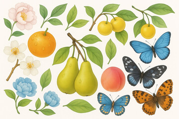 This colorful a botanical illustration pears, oranges, peaches, sakura blossoms, peonies, and various butterflies