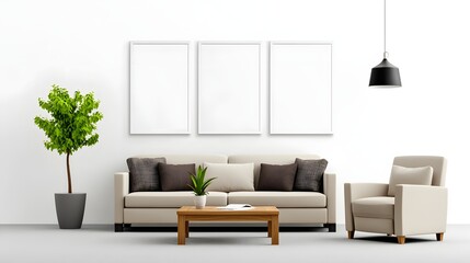 Modern Living Room Interior with Light Sofa, Wooden Coffee Table and Potted Plant in Minimalist Style