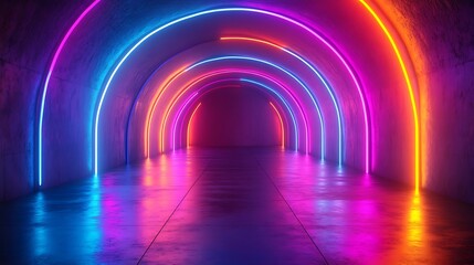 Futuristic Neon Tunnel with Vibrant Lights, A futuristic tunnel with vibrant neon lights in pink, blue, and orange creating an archway effect