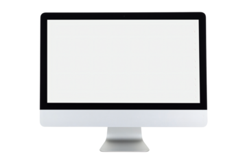 Sleek computer monitor mockup with black bezel and silver stand on transparent background.
