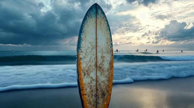 Surfboard stands in the sand against the background of the sea and waves
