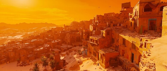 Panoramic View of an Ancient Desert City Bathed in Golden Sunlight