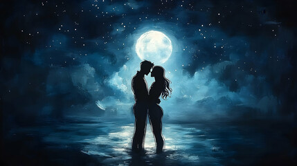 Couple embrace in moonlit water starlit sky above Deep blues and whites create a romantic dreamlike ambiance