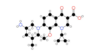 Naklejka premium nemonoxacin molecule, structural chemical formula, ball-and-stick model, isolated image antibiotic
