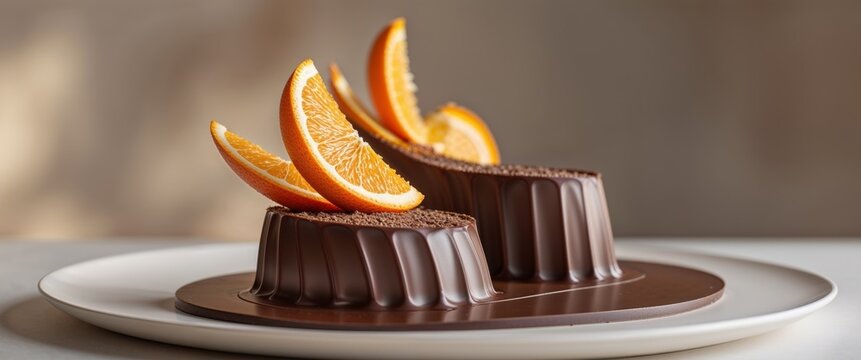 there are three chocolate desserts with orange slices on top of them