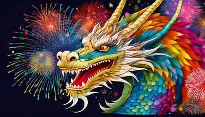 Fototapeta premium Colorful Dragon with Fireworks Display in Background, Vibrant Artwork for Celebrations and Festivities