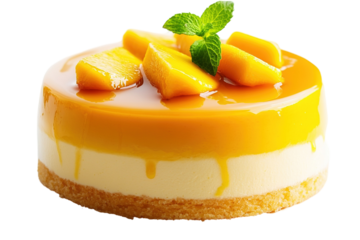 Mango dessert, featuring layers of creamy cake, topped with sliced mangos, and fresh mint