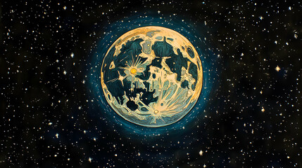 Digital depiction of moon glowing bright yellow surrounded by stars in black and dark blue galaxy
