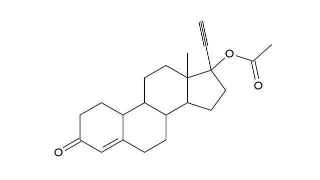 norethisterone acetate molecule, structural chemical formula, ball-and-stick model, isolated image synthetic progestin