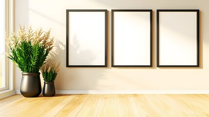Bright Minimalist Interior with Three Empty Frames and Large Potted Plant in Sunlit Space