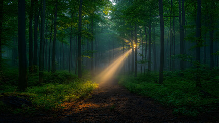 Obraz premium Forest path lit by golden sunlight cutting through a misty green woodland with dense trees and foliage