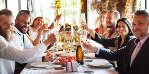 Group of diverse people celebrating at a dinner table, party raising glasses in a toast. Smiling men and women enjoying a festive party meal together in a cozy setting. Festive celebration at table.