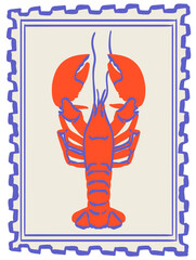 Vintage stamp or sticker print, wall art vector travel postcard, summer engraving placard or poster. Retro frame or border element design with lobster or crawfish perfect for interior or menu design.