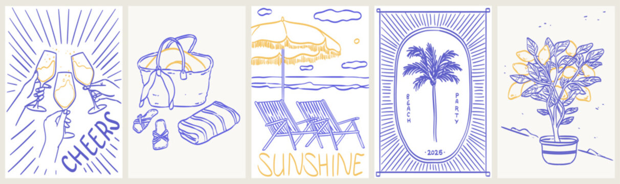 Italian summer vacation placards or poster. Vector illustration of palm tree, lounge, hands with cocktails, beach, sea, lemons perfect for summer wall art decoration, print and invitation cards.