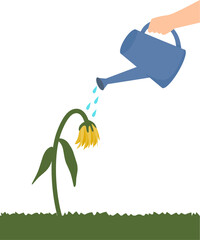 A flat vector illustration of a hand watering a wilted flower, symbolizing care, hope, and recovery. Suitable for educational, environmental, and emotional concept visuals.