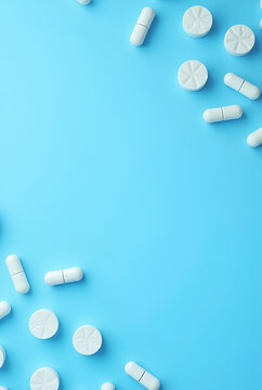 Scattered white pills on blue table. Mock up for special offers as advertising, 