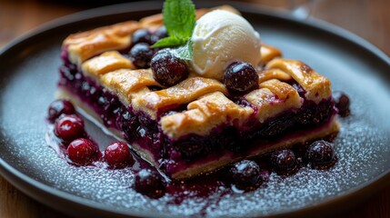 blueberry pie with golden lattice crust served with vanilla ice cream summer vibes