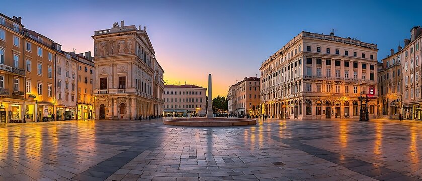 Panoramic view of Piazza della Borsa in Trieste Italy at sunset with warm lighting