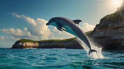Dolphin Jumping out of the Ocean Water in Sunlight