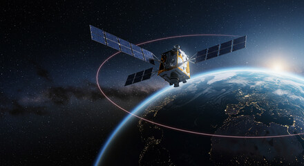 Advanced satellite orbiting Earth with solar panels and tracking signal