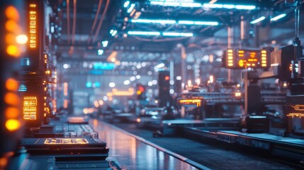 Fototapeta premium Workers in a futuristic manufacturing facility are surrounded by advanced machinery and glowing neon lights. The environment is bustling with technology and innovation as production processes unfold