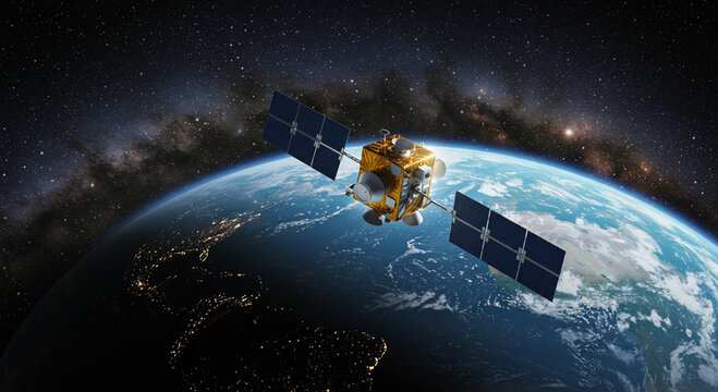 Futuristic satellite orbiting earth against a cosmic stellar background - Powered by Adobe