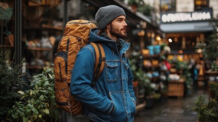 Fototapeta premium Pensive traveler with a backpack explores urban landscape in vintage denim jacket.