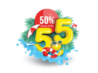 3D yellow number 5.5 and 50% off promotion red sign placed on splashing sea water with a coconut tree in the background for summer sale and mega sale advertising design, vector 3D illustration