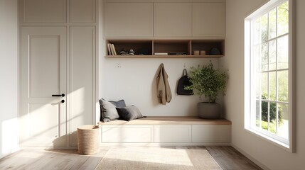 minimal mudroom with built-in storage, bench seat, and natural textures.