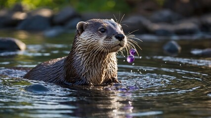 Fototapeta premium Otter in Water with Purple Items Near Face