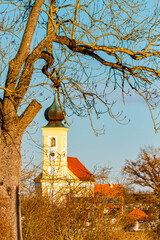 Church on a sunny winter day at Eching, Landshut, Isar, Bavaria, Germany