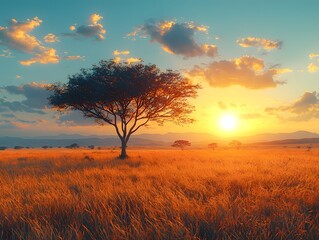 Fototapeta premium Vast savannah with acacia trees under a glowing sunset