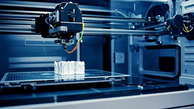 3D printer building a white object inside a blue illuminated enclosure