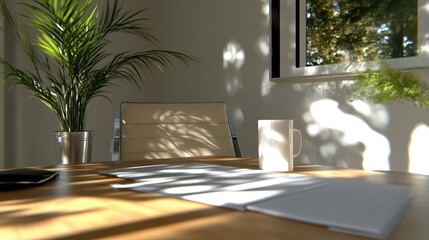 Sunlit office workspace with plants and natural light