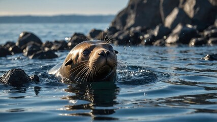 Fototapeta premium Sea Lion Swimming in Ocean Near Rocky Shoreline