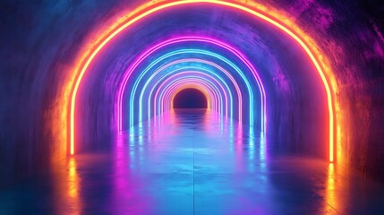 Futuristic Neon Tunnel with Vibrant Lights, A futuristic tunnel with vibrant neon lights in pink, blue, and orange creating an archway effect