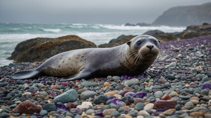 Resting Seal on Pebble Beach Overlooking the Ocean