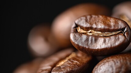 Obraz premium Detailed Close-Up of Roasted Coffee Beans on a Dark Background