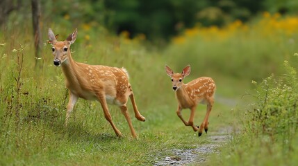 Obraz premium Two fawns running through a meadow